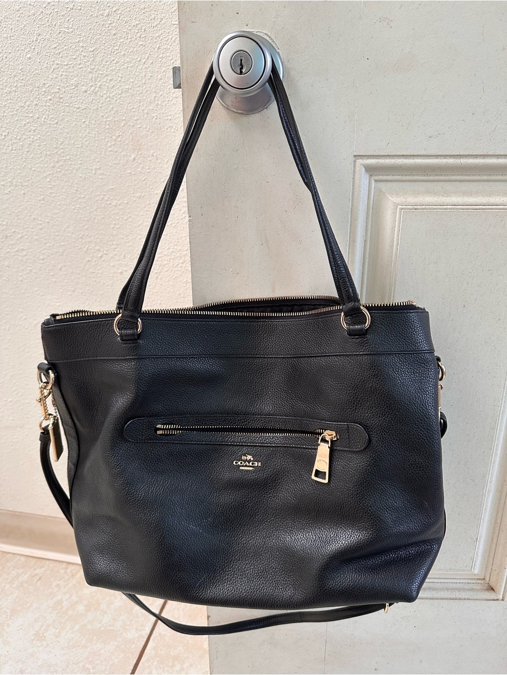 Coach Black Pebbled Leather Tote with Gold-Tone Accents